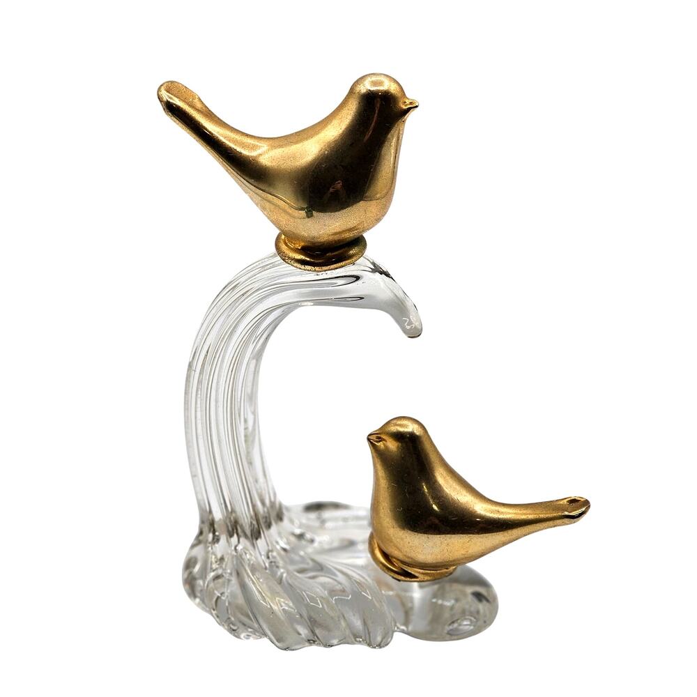 Vintage MCM Brass Birds on Clear Art Glass Wave Sculpture Mid Century Decor